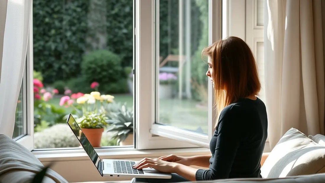 Frau arbeitet am Laptop in Wohnzimmer mit Gartenblick