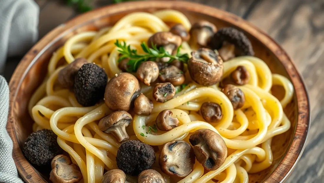 Spätzle mit Bärlauch und Trüffeln auf einem Holzteller