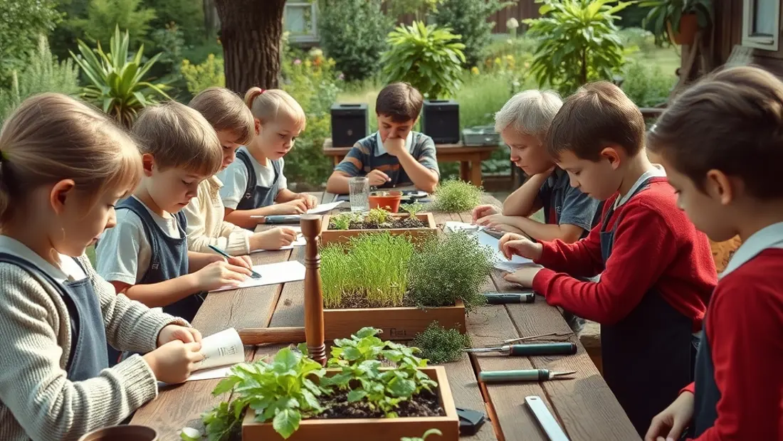 Schülerinnen und Schüler im Freien mit Pflanzen und Messgeräten