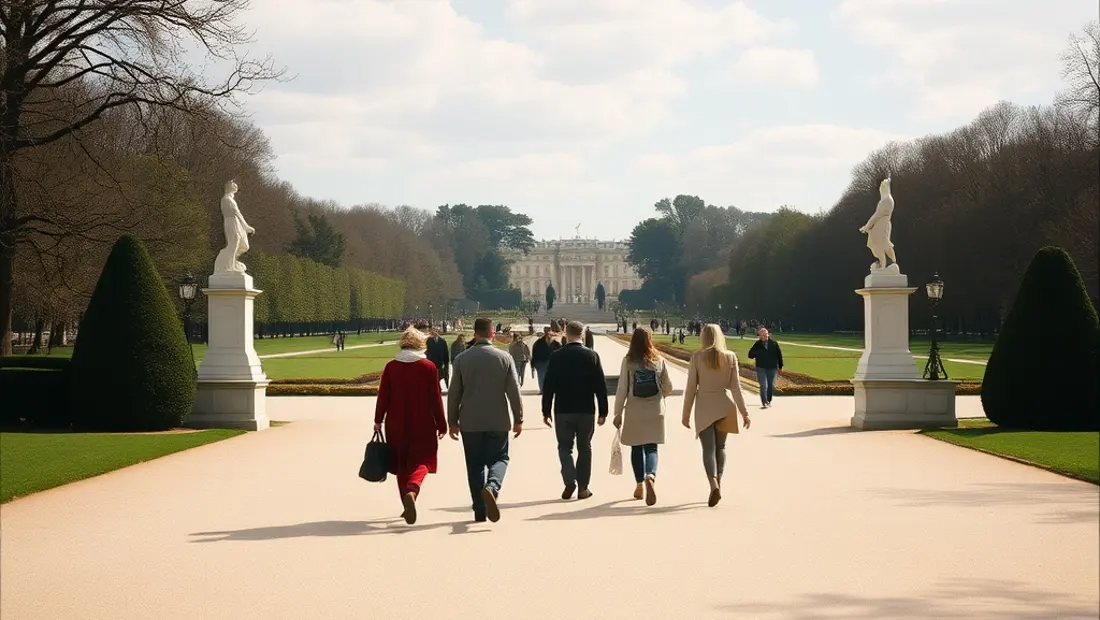 Gruppe von Menschen in einem barocken Park mit vier Monumenten im Hintergrund.
