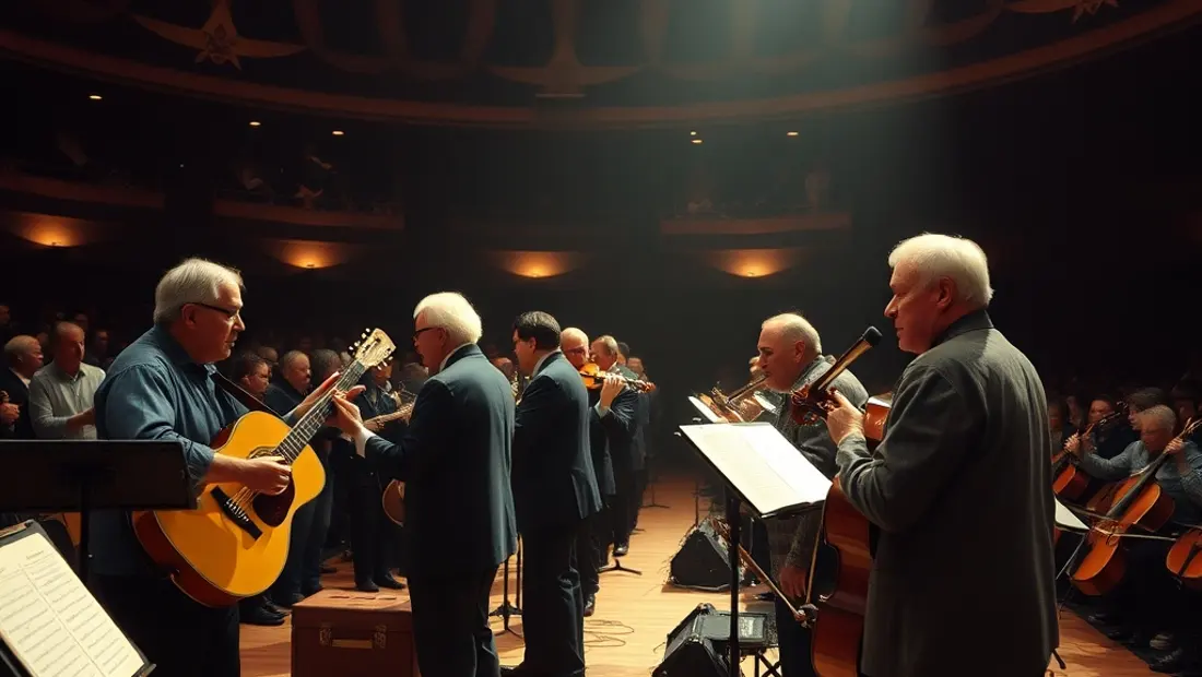 Musiker spielen in einem großen Konzertsaal auf Volksmusikinstrumenten