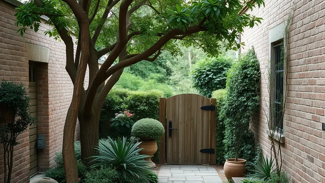 Ein Garten mit einem Natursteinpflaster, einem Baum und einem Holztor