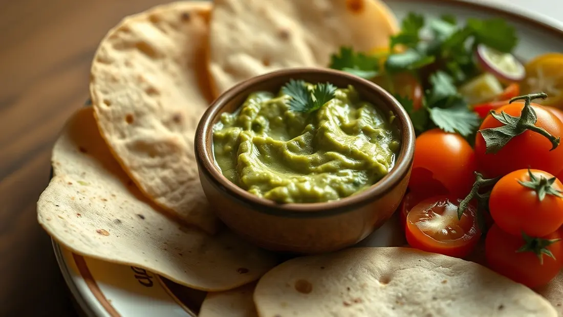 Guacamole mit Tortillas und Tomaten