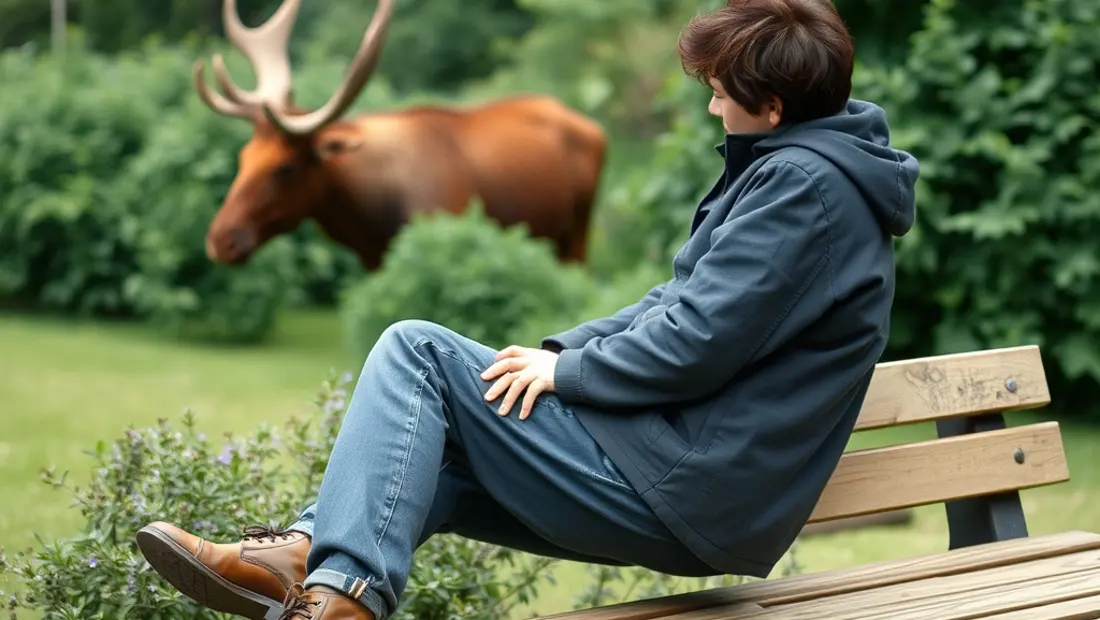 Eine Person auf einem Holzbank mit Moos.