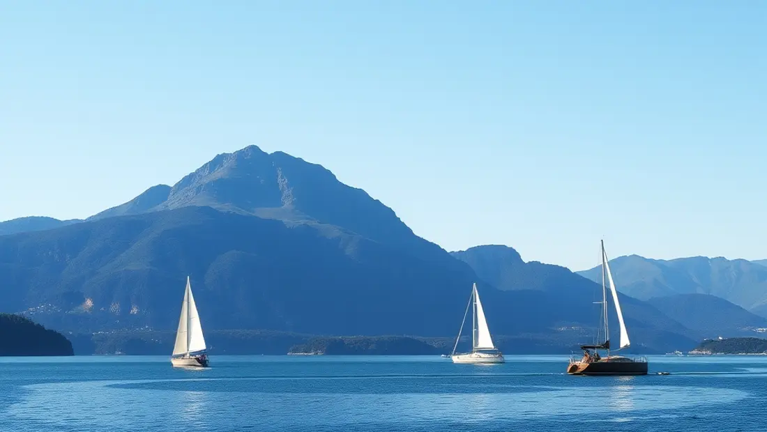 Ein ruhiger See mit Segelbooten und grünen Ufern.