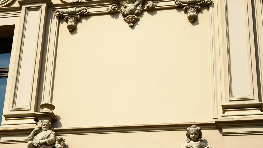 Detail der Fassade eines historischen Gebäudes mit Ornamenten und Skulpturen.
